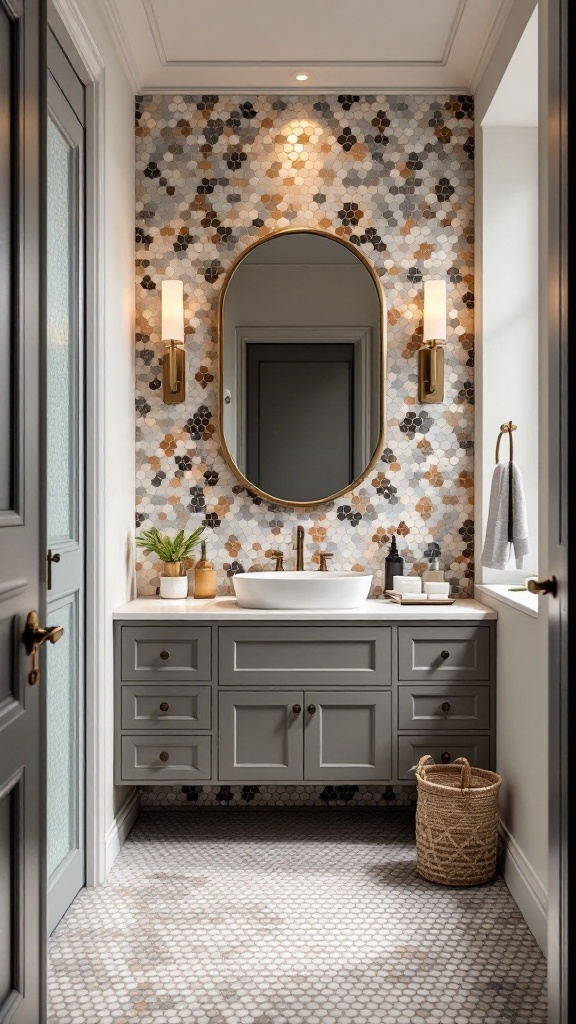 A modern bathroom featuring a mosaic accent wall with hexagonal tiles in earthy tones, a stylish oval mirror, and a minimalist vanity.