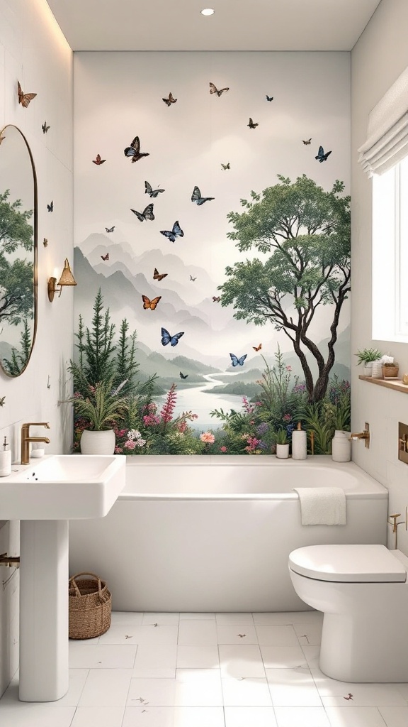 A nature-inspired bathroom with a mural of butterflies, trees, and mountains.