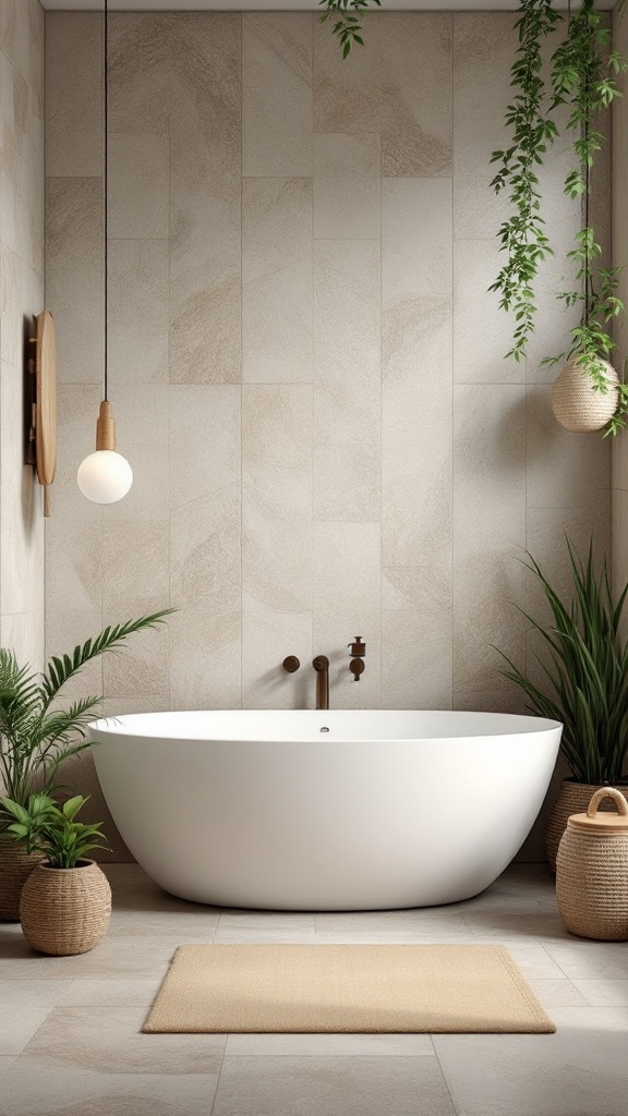 A modern bathroom featuring nature-inspired tiles, a freestanding bathtub, potted plants, and soft lighting.