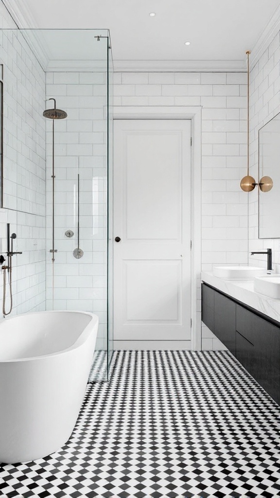 Modern bathroom featuring black and white patterned floor tiles, a freestanding tub, and a glass shower