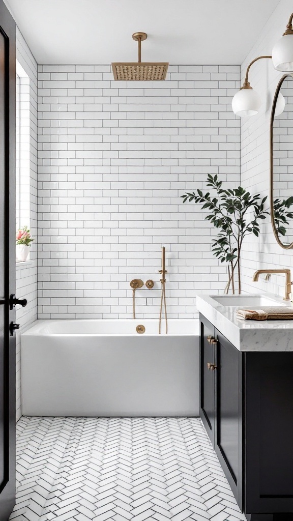 Modern bathroom featuring white subway tiles, a herringbone floor design, and gold fixtures