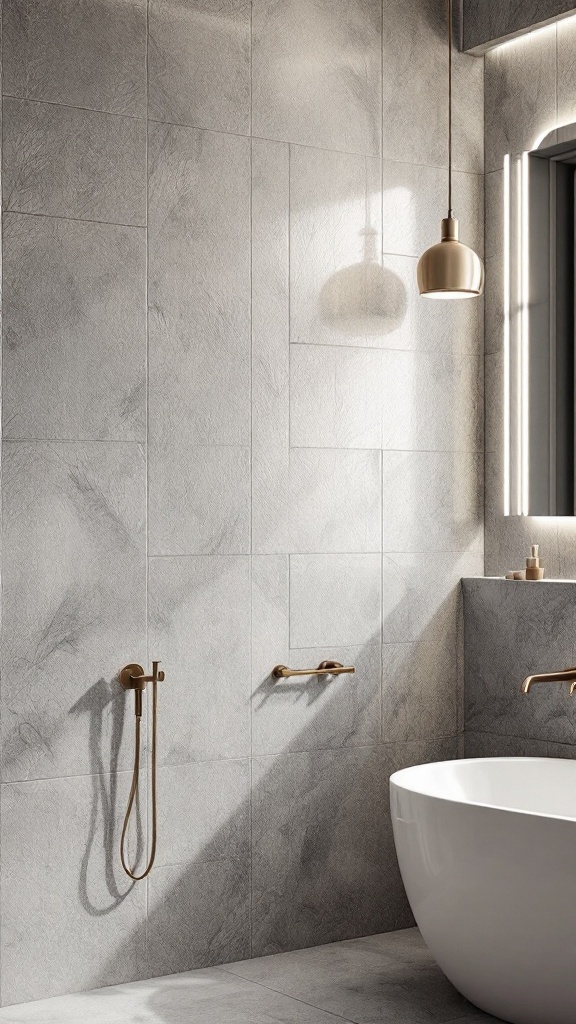 A modern bathroom featuring textured gray tiles on the wall, a white freestanding bathtub, and gold fixtures.