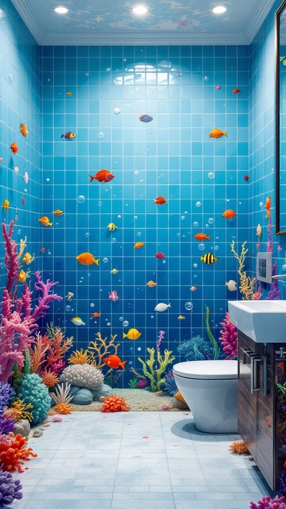 A vibrant kids' bathroom with an underwater adventure theme featuring blue tiles and colorful fish.