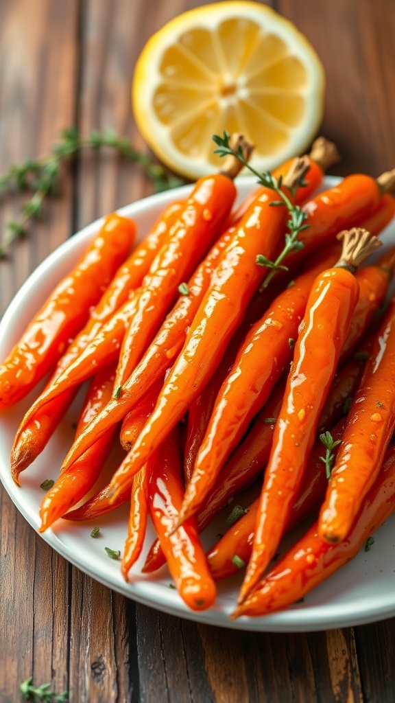 Honey-glazed carrots garnished with thyme and lemon on a rustic table.