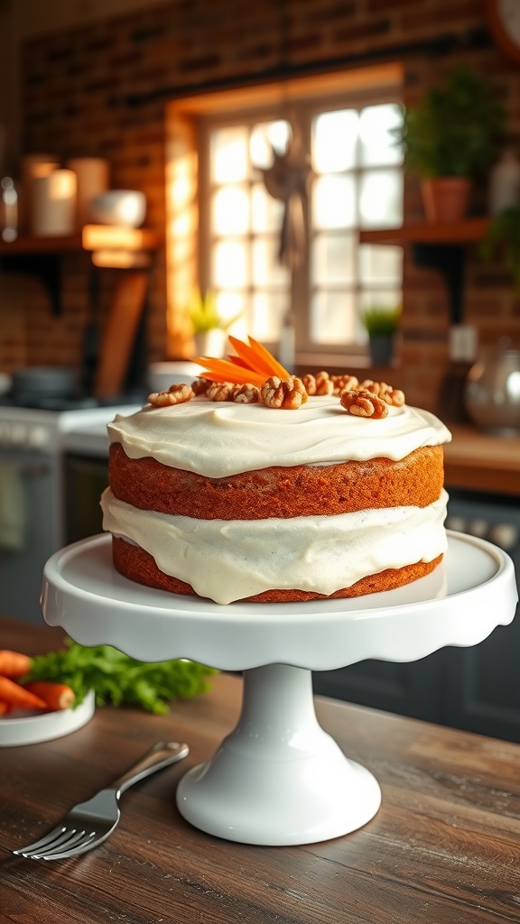 Moist carrot cake with cream cheese frosting on a cake stand, garnished with walnuts and grated carrots.