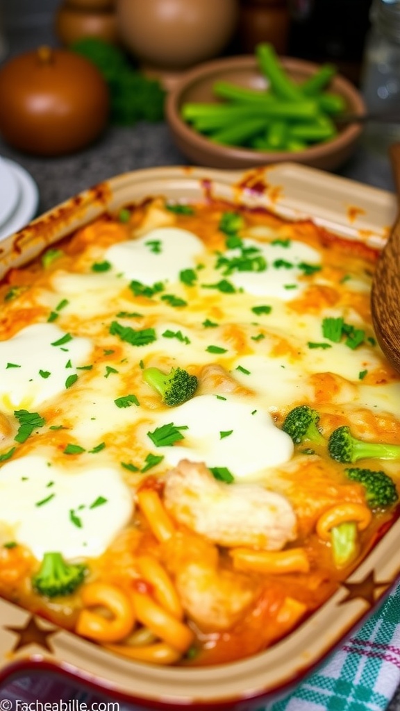 Baked Monterey Chicken Spaghetti in a dish, topped with mozzarella, garnished with parsley, showcasing a comforting meal.