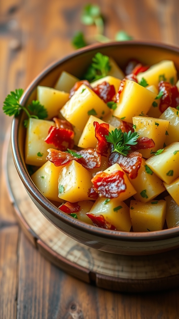 Warm German Potato Salad with potatoes, bacon, and parsley in a rustic bowl on a wooden table.