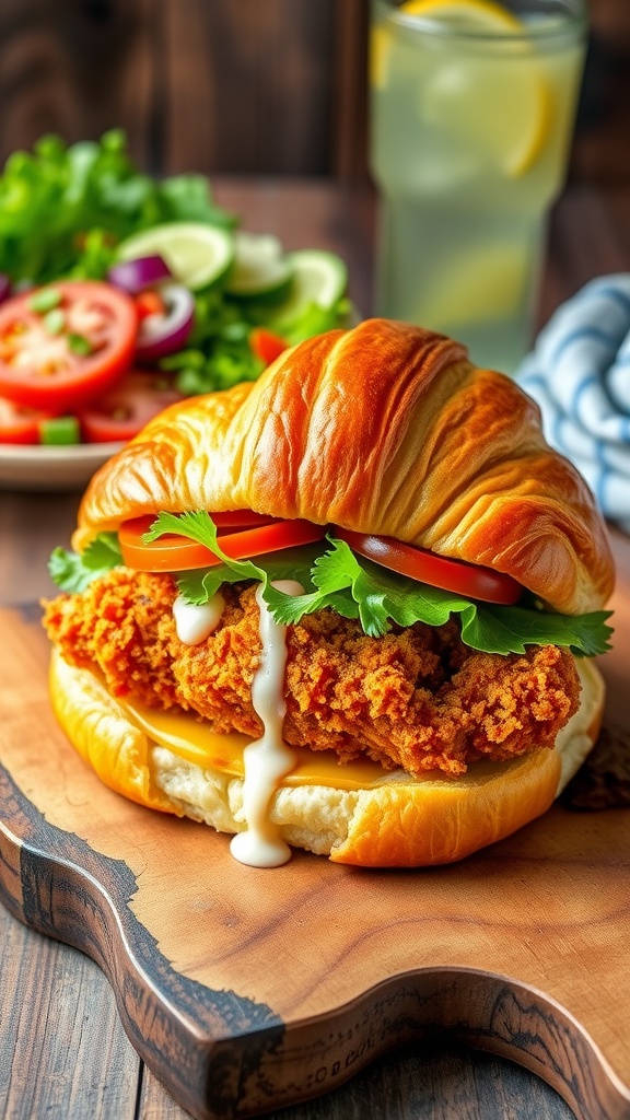 Crispy chicken sandwich in a croissant with lettuce and tomato on a wooden board.