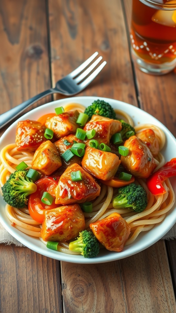 A delicious plate of Honey Pepper Chicken Pasta with chicken, bell peppers, and broccoli, garnished with green onions.