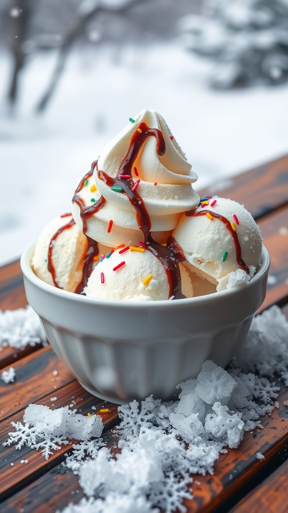 A bowl of snow ice cream topped with sprinkles and chocolate syrup, surrounded by a snowy backdrop.