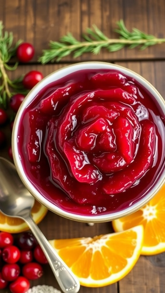 Homemade jellied cranberry sauce in a bowl, surrounded by fresh cranberries and orange slices.