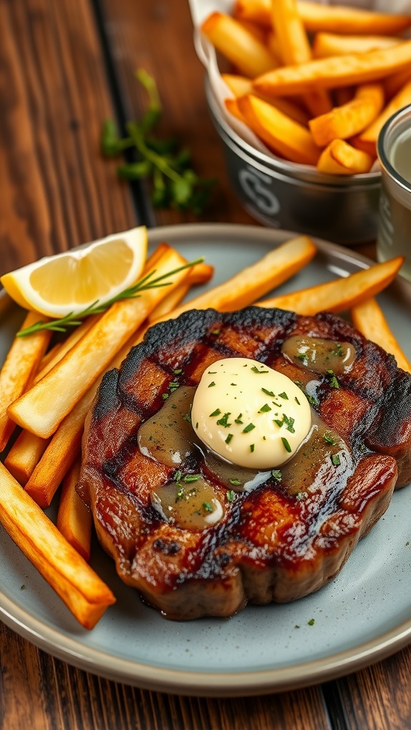 Seared steak with herb butter beside crispy fries on a wooden table.