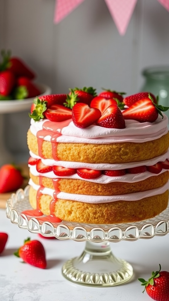 A double layer strawberry shortcake cake with whipped cream frosting and fresh strawberries on top, displayed elegantly on a cake stand.