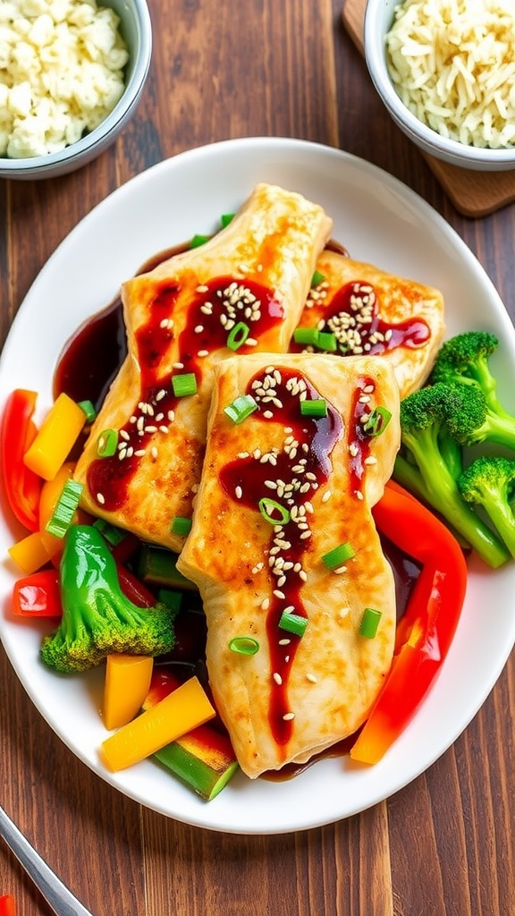 Ginger Soy-Glazed Cod with sesame seeds and green onions on a plate, served with vegetables and rice.