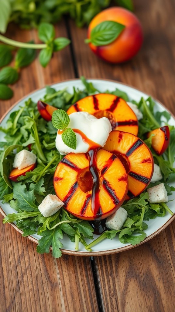 Grilled peach and burrata salad with arugula and balsamic glaze.