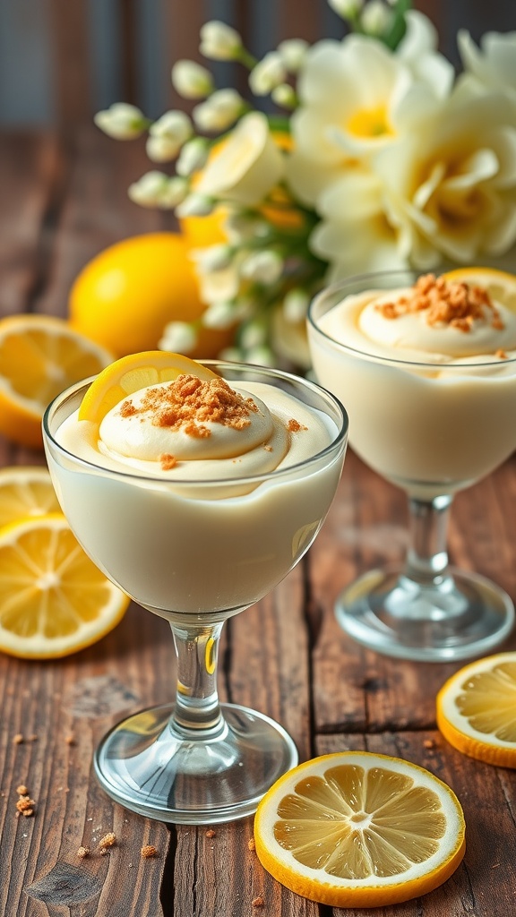 Lemon cheesecake mousse in glass cups, garnished with graham cracker crumbs and lemon slices on a wooden table.
