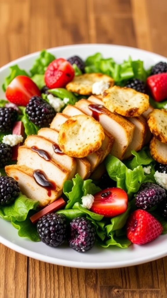 A colorful blackberry balsamic grilled chicken salad with fried goat cheese on a wooden table.