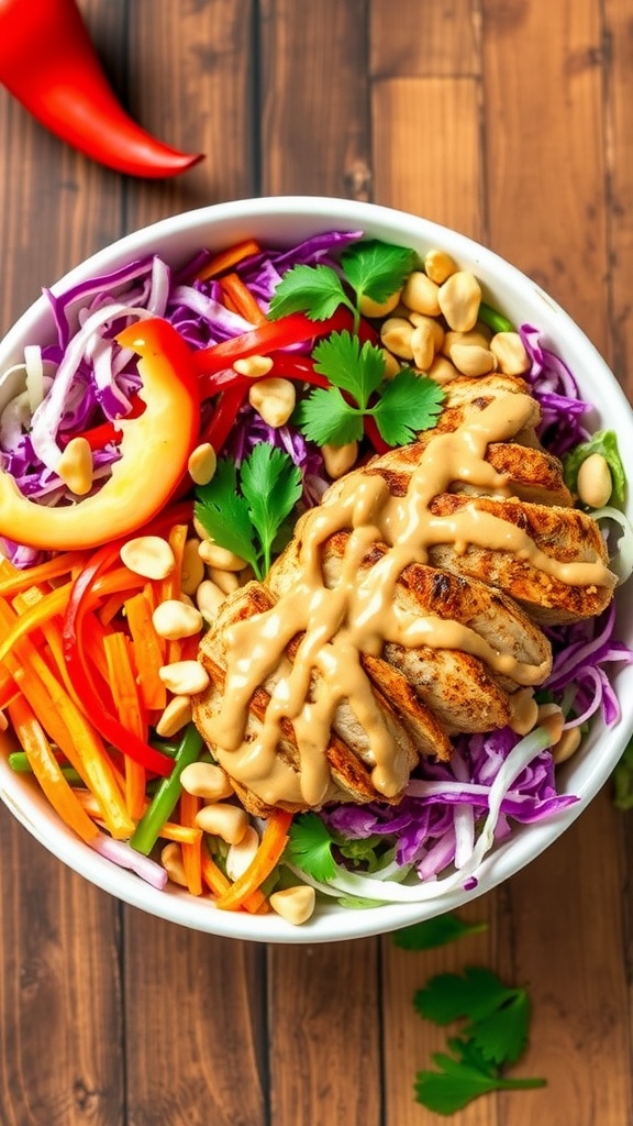 A vibrant Thai Chicken Crunch Salad with cabbage, carrots, bell peppers, chicken, and peanut dressing, garnished with peanuts and cilantro.