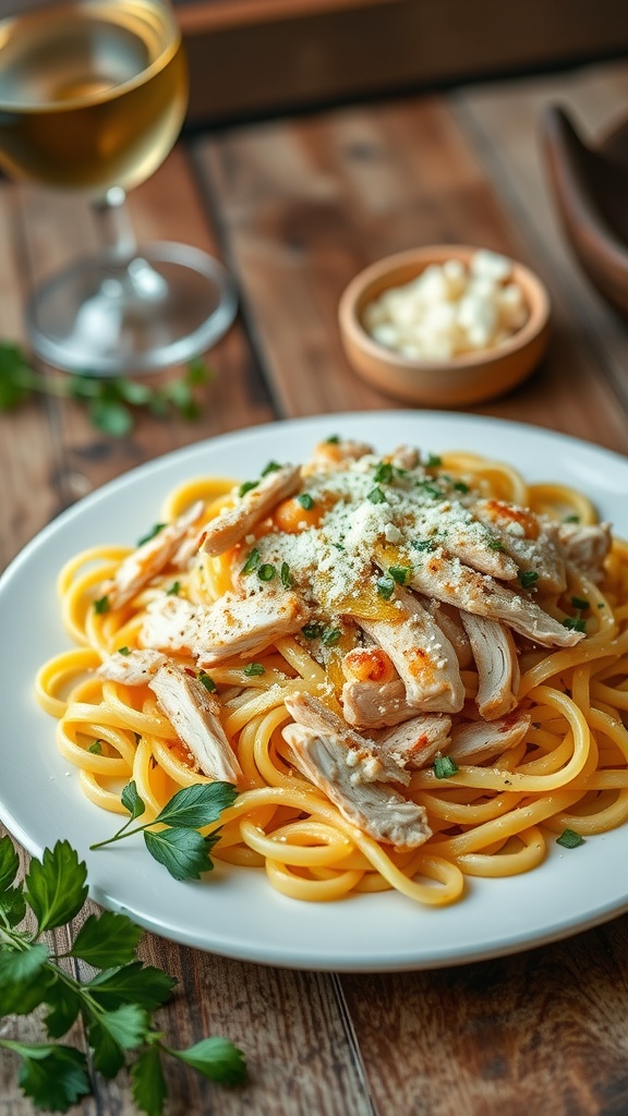 A close-up of garlic herb rotisserie chicken pasta, with shredded chicken, pasta, and herbs, garnished with Parmesan cheese on a rustic table.