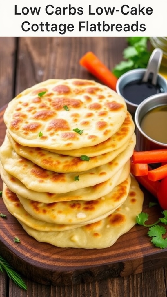 A stack of low carb cottage cheese flatbreads with herbs on a wooden board, accompanied by olive oil and fresh vegetables.