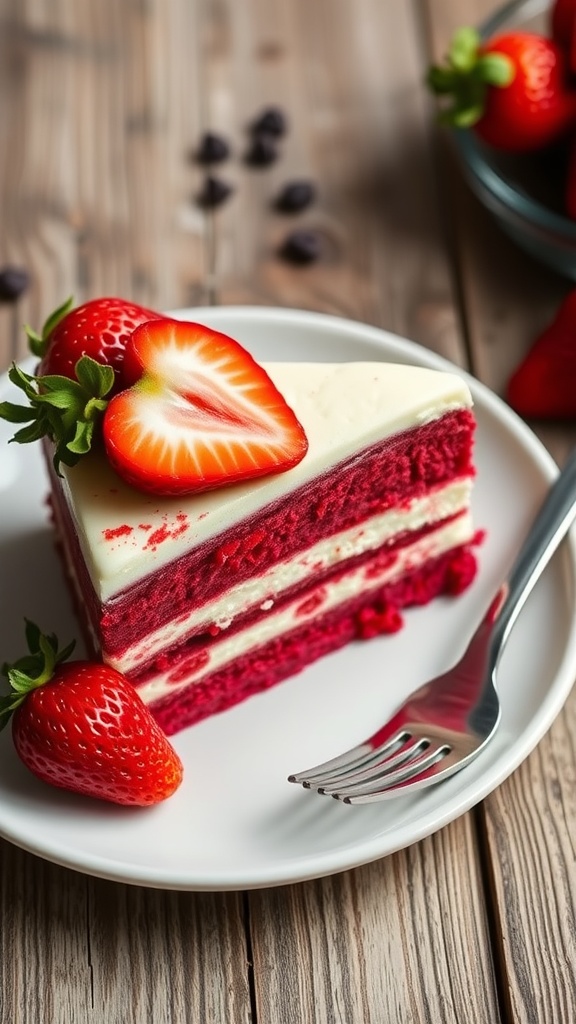 A slice of red velvet strawberry cheesecake topped with fresh strawberries on a rustic wooden table.