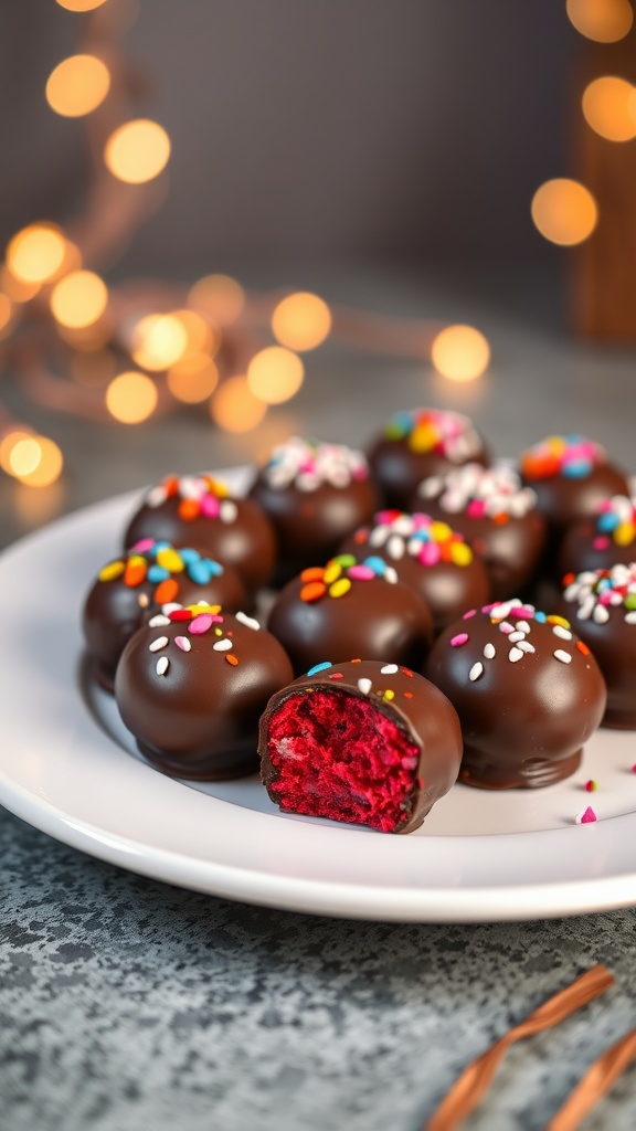 No-bake red velvet cheesecake bites coated in chocolate and garnished with sprinkles on a white plate.
