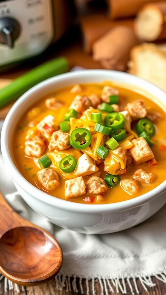 A bowl of Chicken Jalapeño Popper Chili with chicken, jalapeños, and cheese, garnished with green onions.