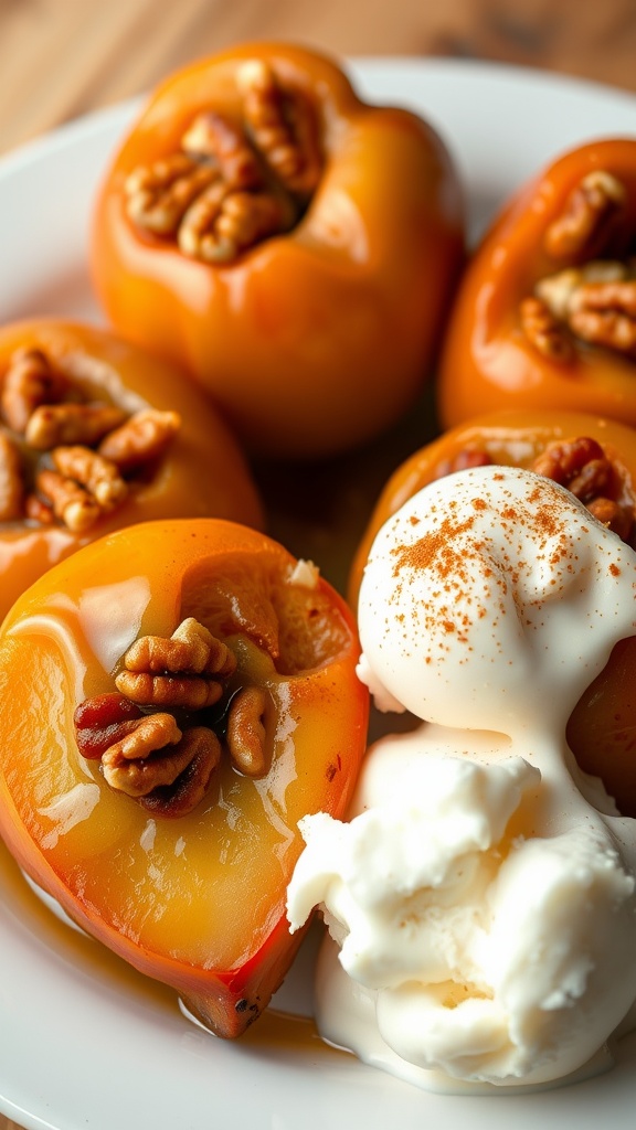 A delicious serving of baked apples filled with brown sugar and nuts, topped with a scoop of melting vanilla ice cream on a warm plate.