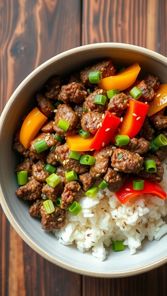 Korean Ground Beef and Pepper Rice Bowl with ground beef, bell peppers, rice, and garnished with green onions and sesame seeds.
