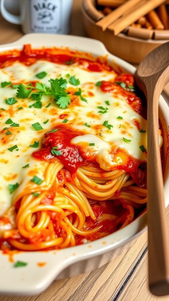 A baked spaghetti casserole with layers of cheese and marinara sauce, garnished with parsley in a rustic setting.