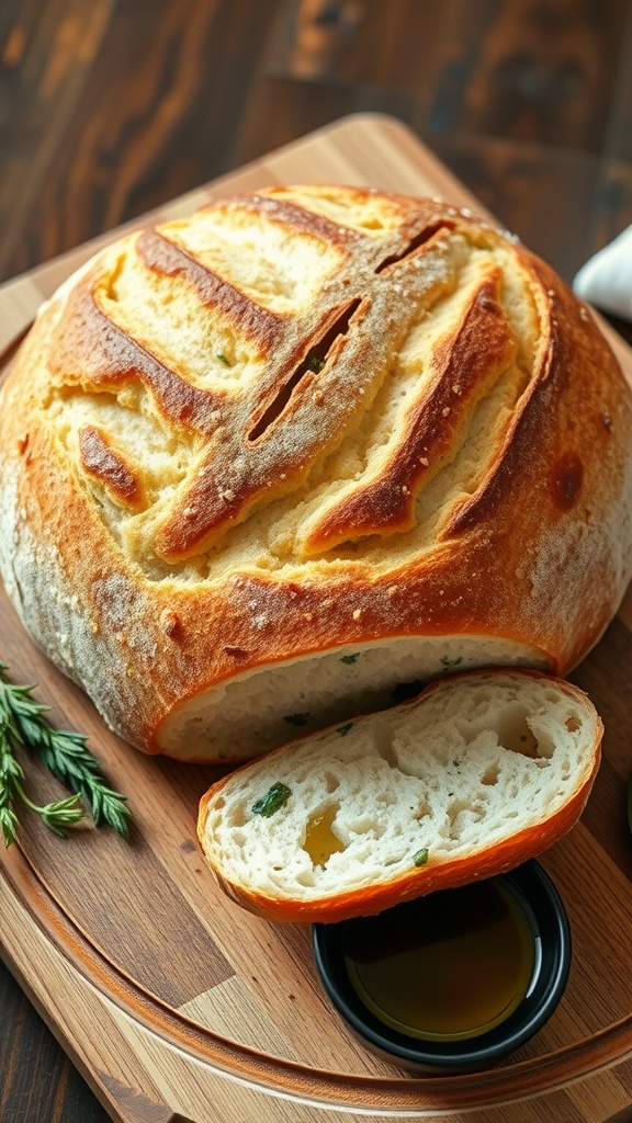 A rustic boule bread loaf with a golden crust and soft interior, displayed on a cutting board with herbs and olive oil.
