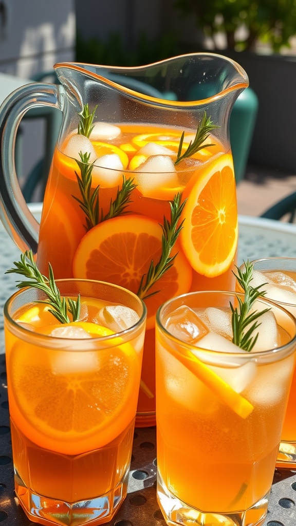 A pitcher of orange rosemary ginger iced tea with ice and garnishes on a sunny table.