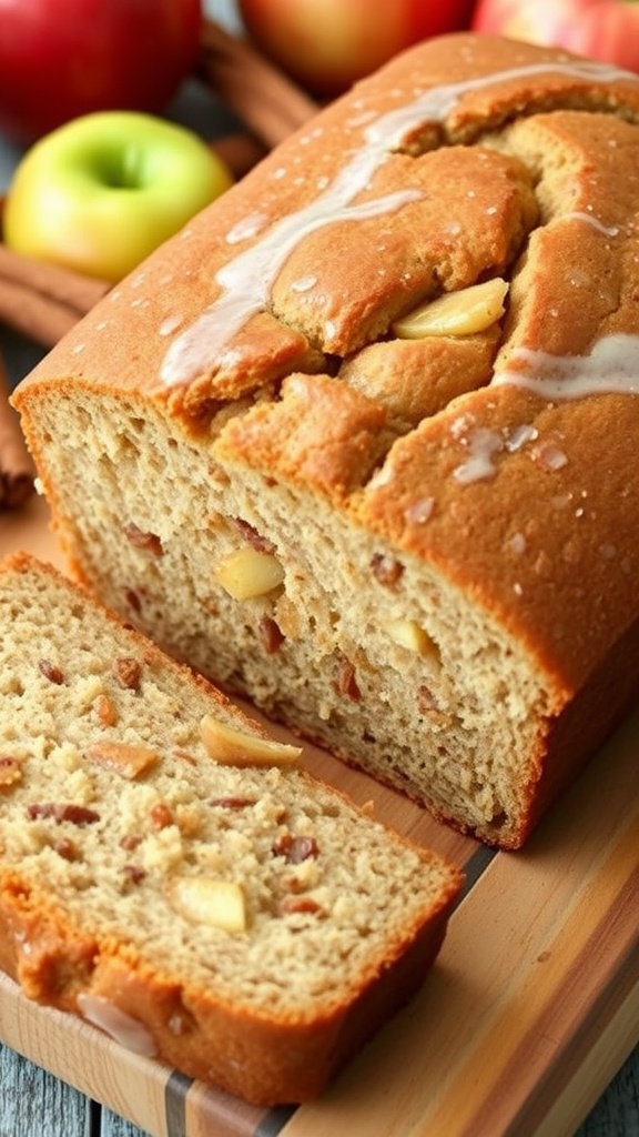 A loaf of cinnamon applesauce bread, sliced to show its moist texture, with apples and cinnamon in the background.