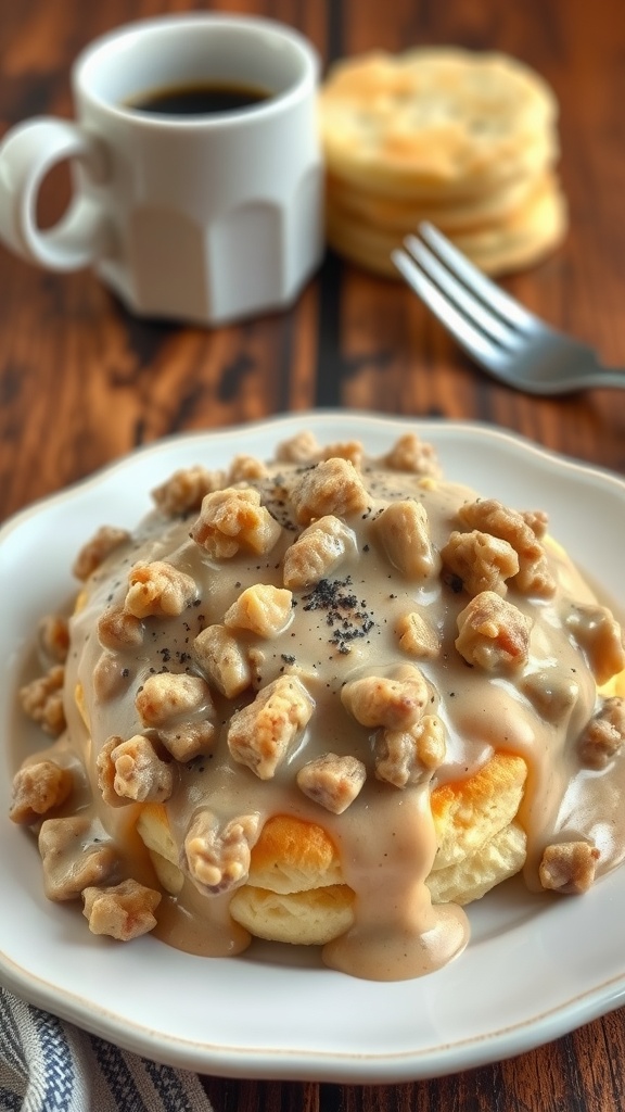 Biscuits topped with creamy sausage gravy, served on a rustic table.