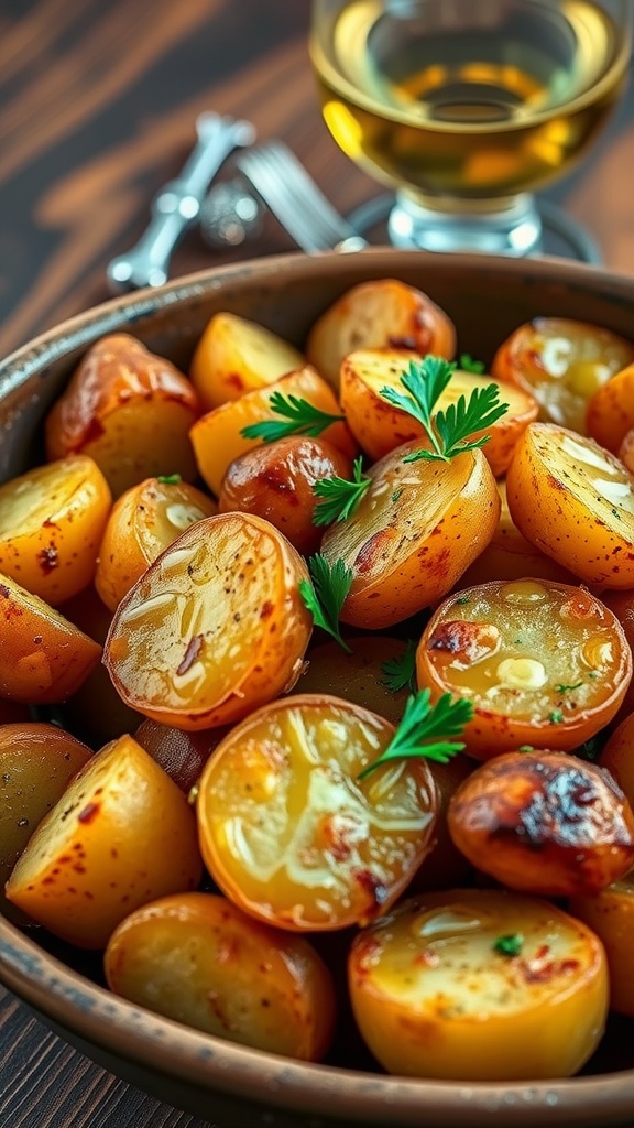 Roasted Patatas Panaderas in a ceramic dish with olive oil and parsley, paired with white wine.