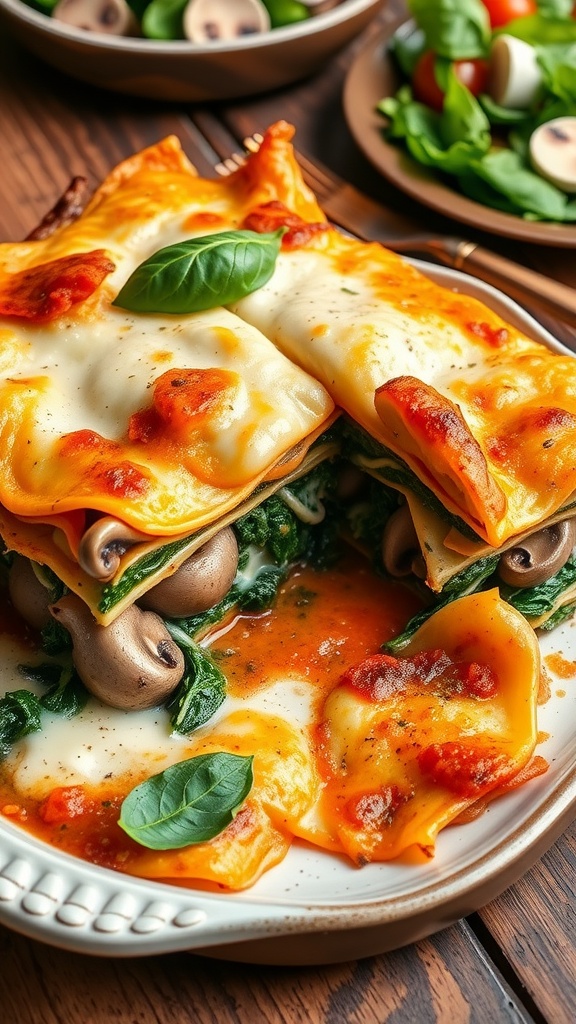 Sliced mushroom and spinach lasagna with layers of pasta, ricotta, and mushrooms, garnished with basil.