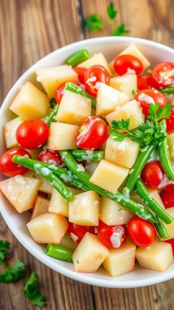 Crispy potato salad with potatoes, green beans, cherry tomatoes, and parsley on a rustic table.