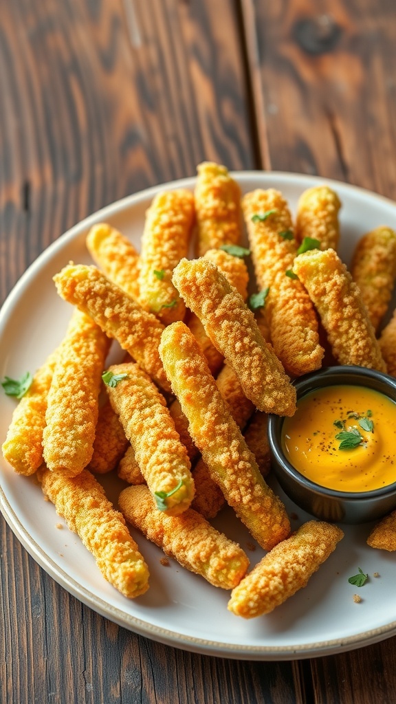 Crispy avocado fries on a plate with dipping sauce, garnished with herbs.