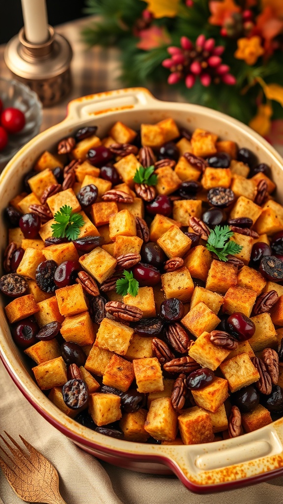Savory bread stuffing with sausage, dried cherries, and pecans in a rustic baking dish, garnished with parsley.