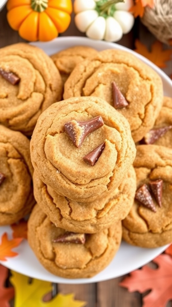 A cozy display of brown butter pumpkin snickerdoodle cookies on a plate, garnished with cinnamon sugar and surrounded by autumn decorations.