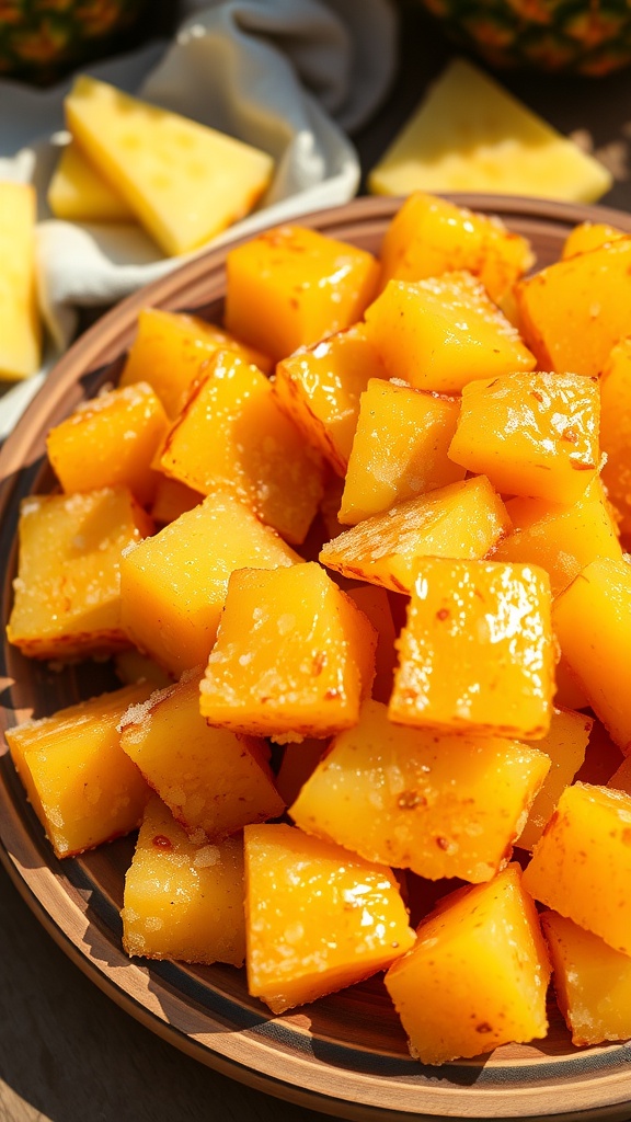 A wooden plate with shiny candied pineapple chunks, surrounded by fresh pineapple slices.