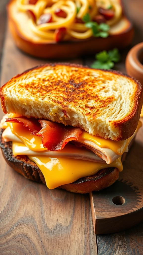 Cheddar and Bacon Turkey Melt on sourdough with salad pasta on a rustic table.