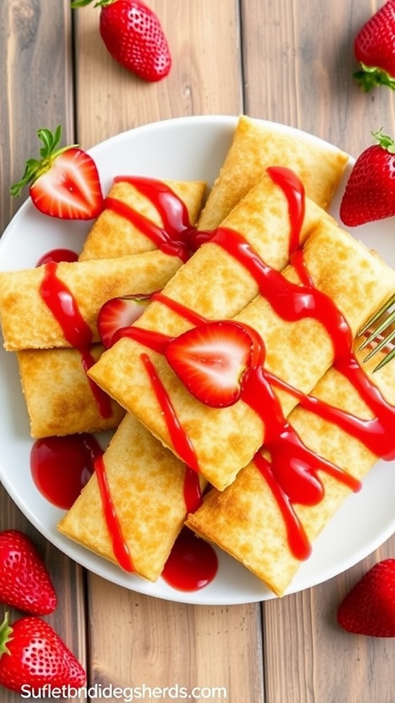 Golden crispy cheesecake chimichangas on a plate, garnished with strawberries and strawberry sauce.