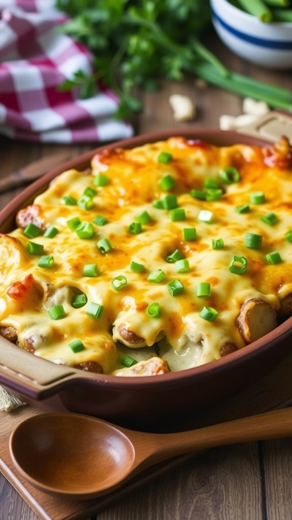 Cheesy Mississippi Mud Potatoes in a casserole dish, topped with melted mozzarella and garnished with green onions.