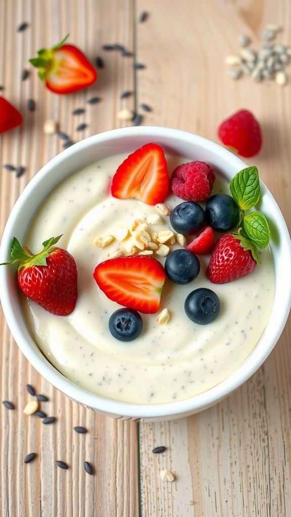 Creamy vanilla chia pudding topped with fresh berries and nuts in a rustic setting.