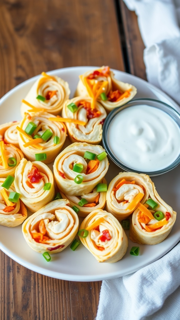 Sliced chicken bacon ranch rollups with cheese and green onions on a plate, accompanied by a bowl of ranch dressing.