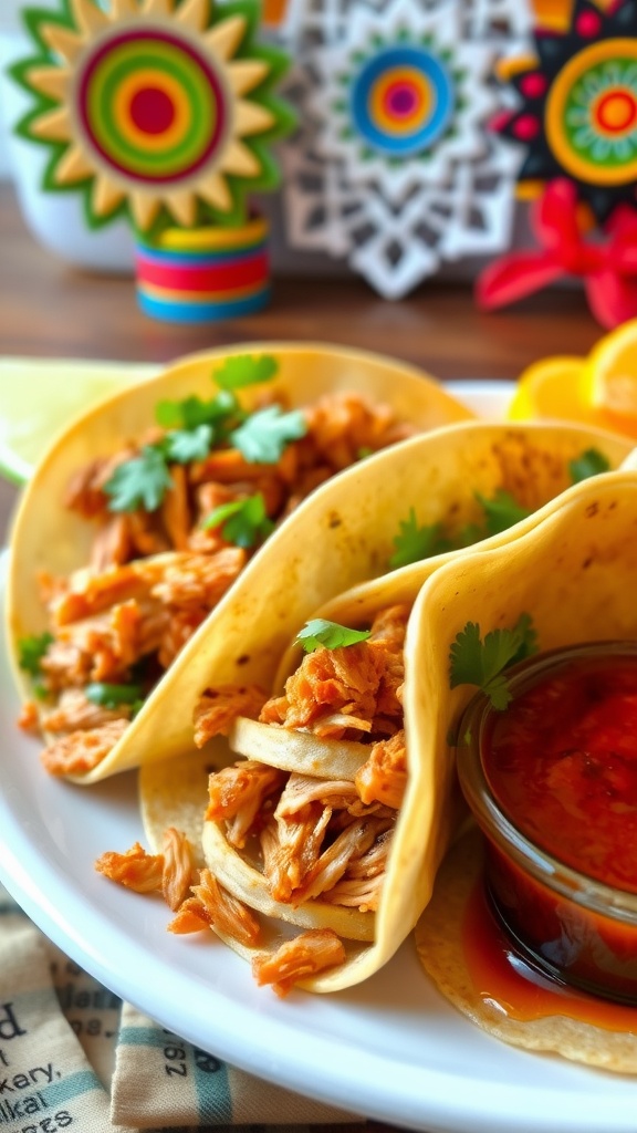 Crispy Chicken Birria Tacos with consomé, garnished with cilantro on a vibrant Mexican-themed table.
