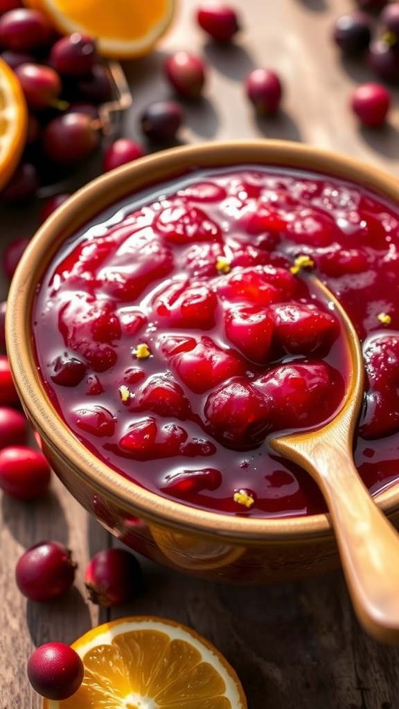 Homemade cranberry orange sauce in a bowl with cranberries and oranges in the background.