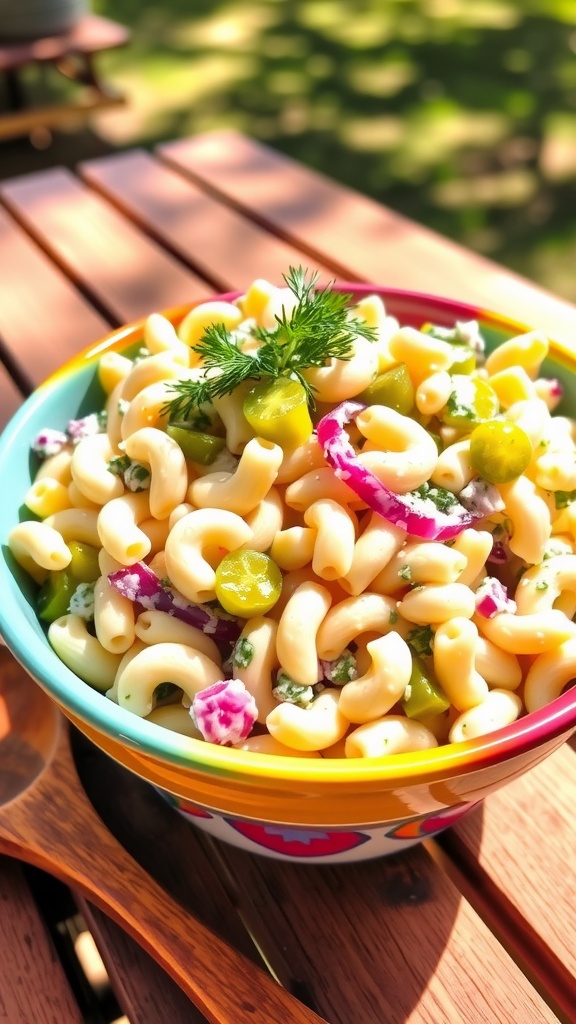 Chilled dill pickle pasta salad in a ceramic bowl with pickles and red onions, garnished with dill on a picnic table.