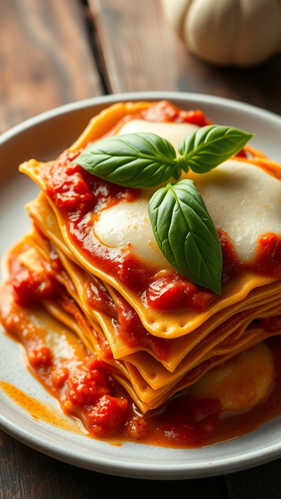 A slice of Fall Ravioli Lasagna with layers of ravioli, marinara sauce, and melted cheese, garnished with basil, on a rustic wooden table.